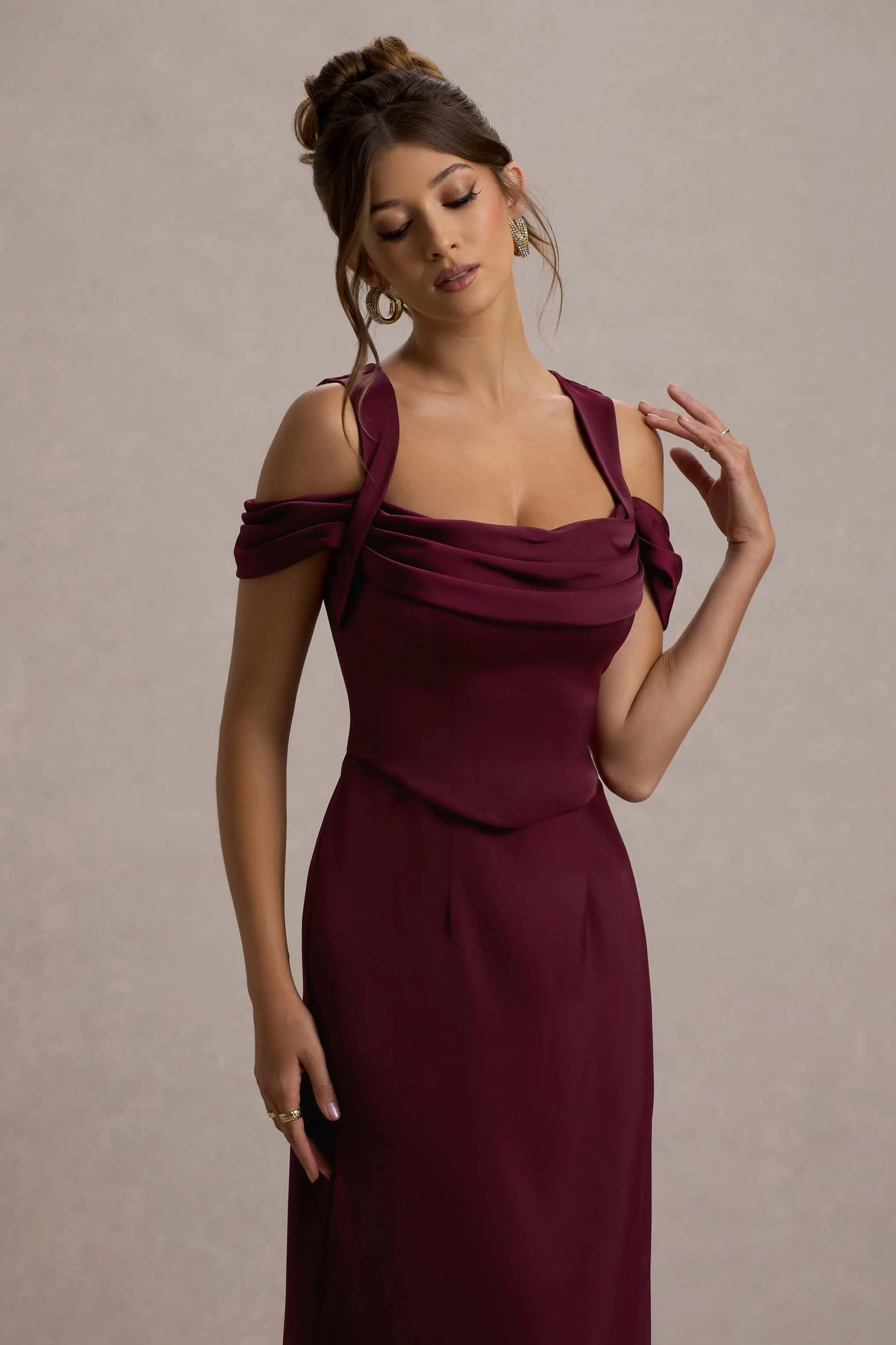 Sawyer | Wine Satin Draped Midi Dress