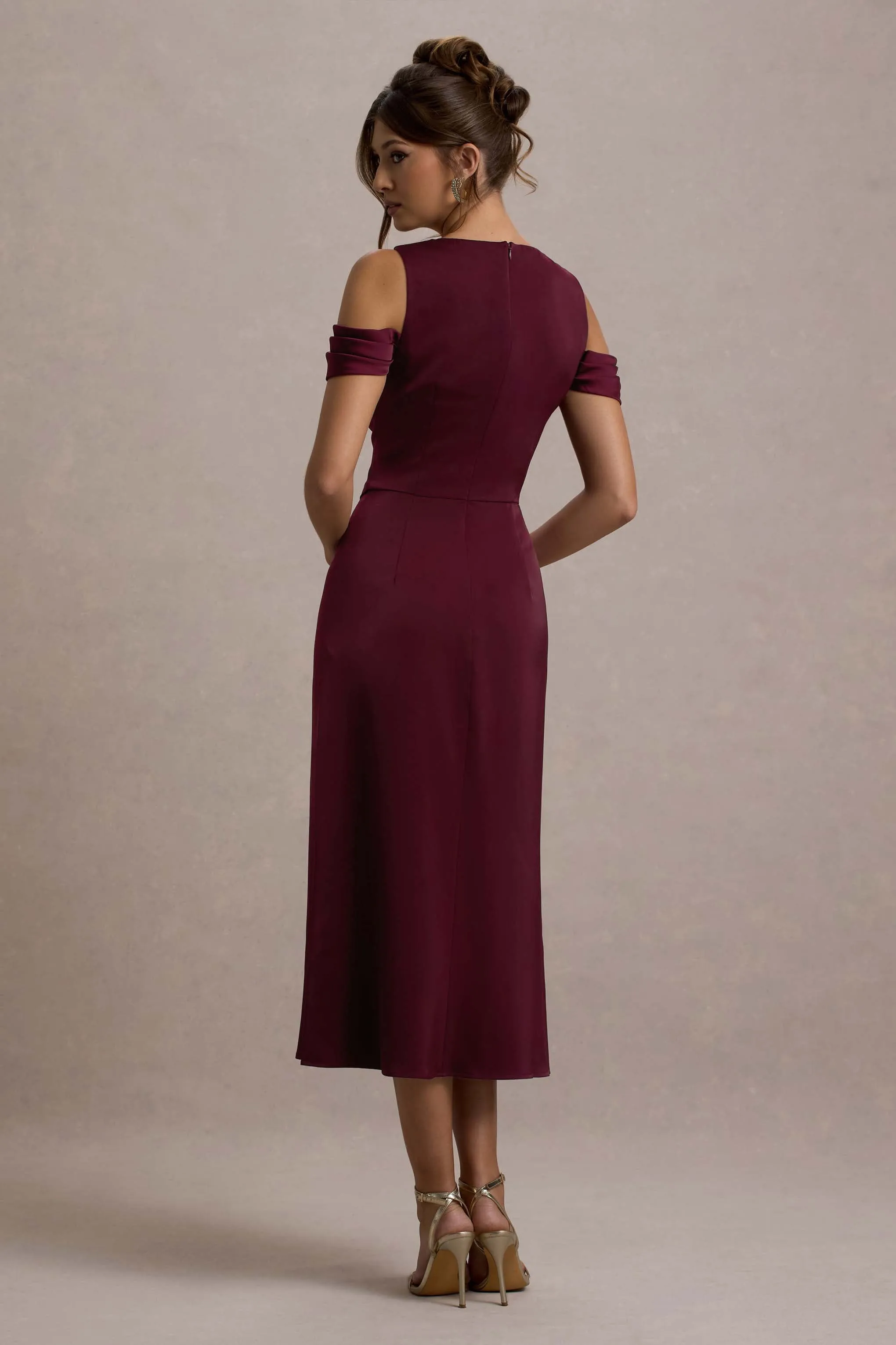 Sawyer | Wine Satin Draped Midi Dress