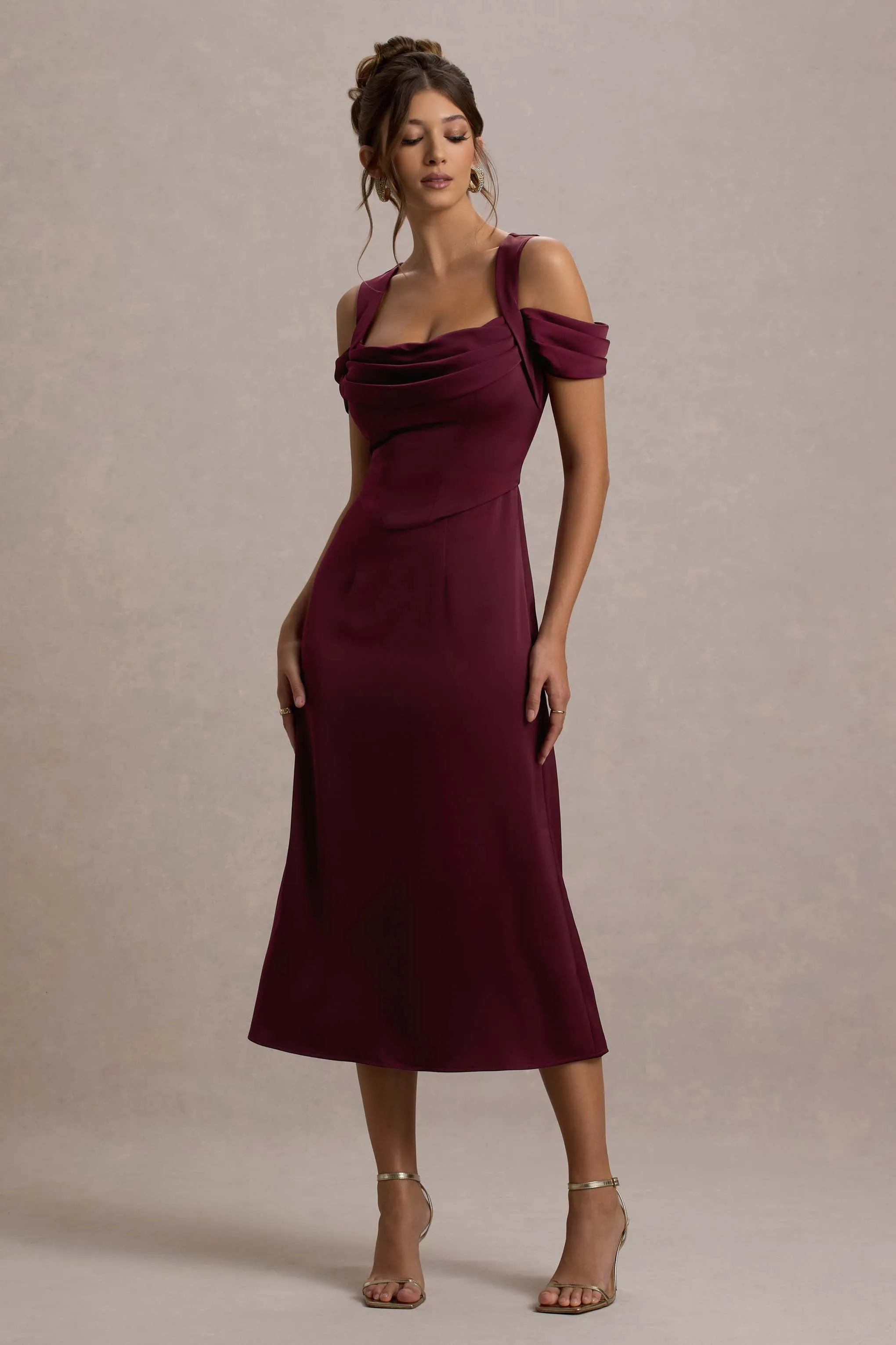 Sawyer | Wine Satin Draped Midi Dress