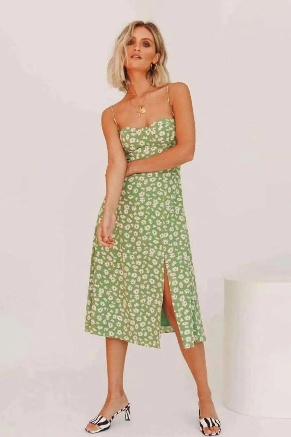 Shoulder Tie Leg Slit Floral Print Slip Dress