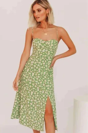 Shoulder Tie Leg Slit Floral Print Slip Dress