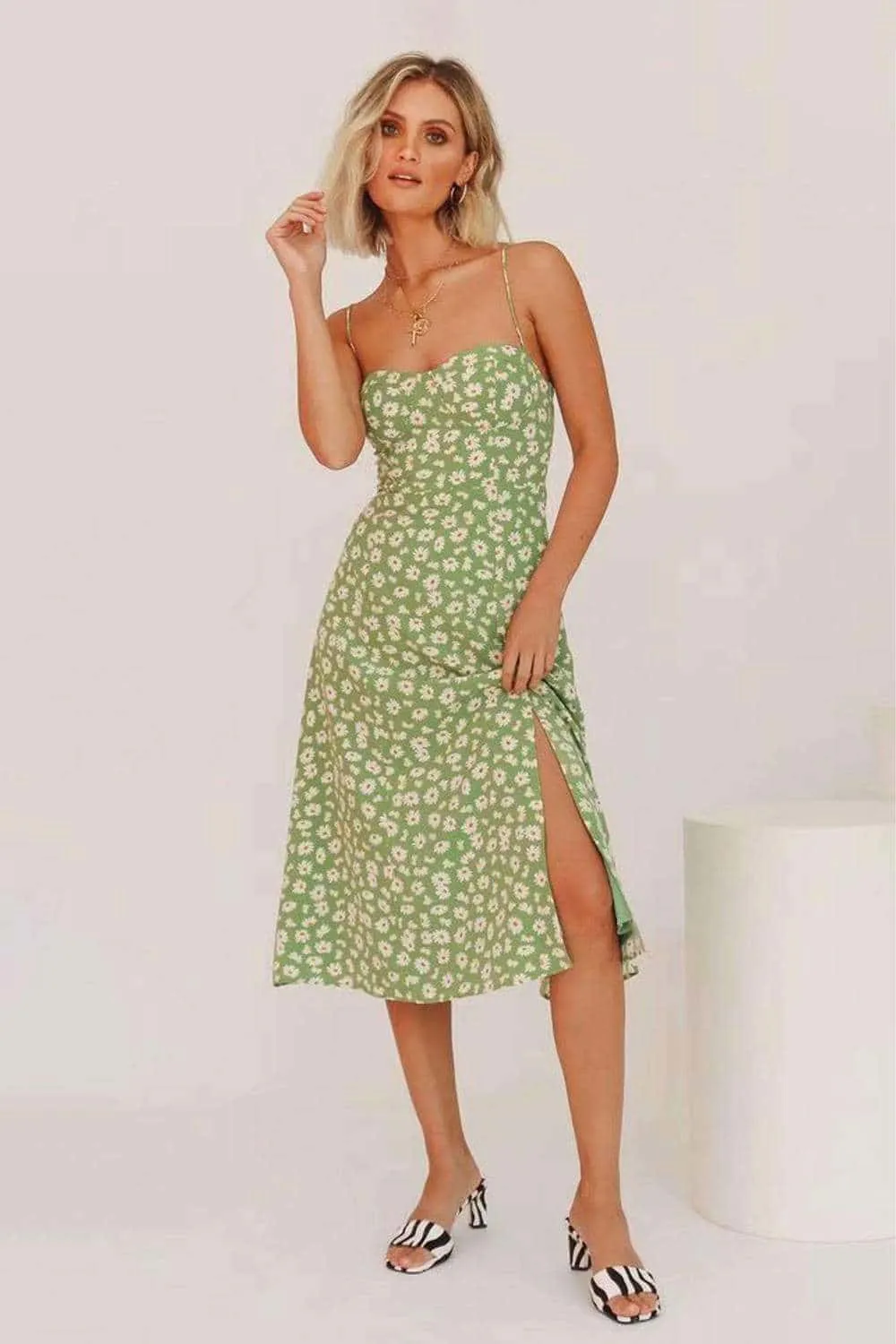 Shoulder Tie Leg Slit Floral Print Slip Dress