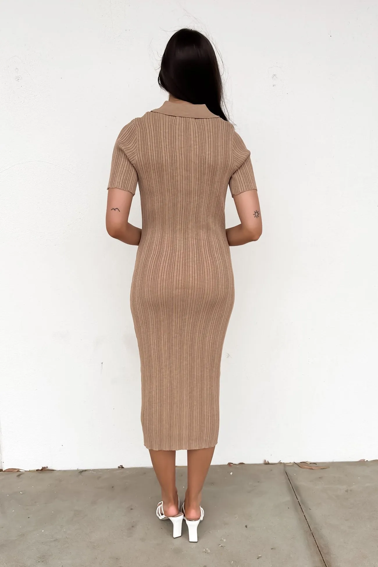 Shylie Ribbed Midi Dress Beige