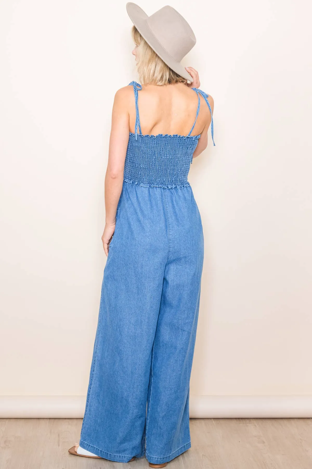 Smocked  Denim Jumpsuit