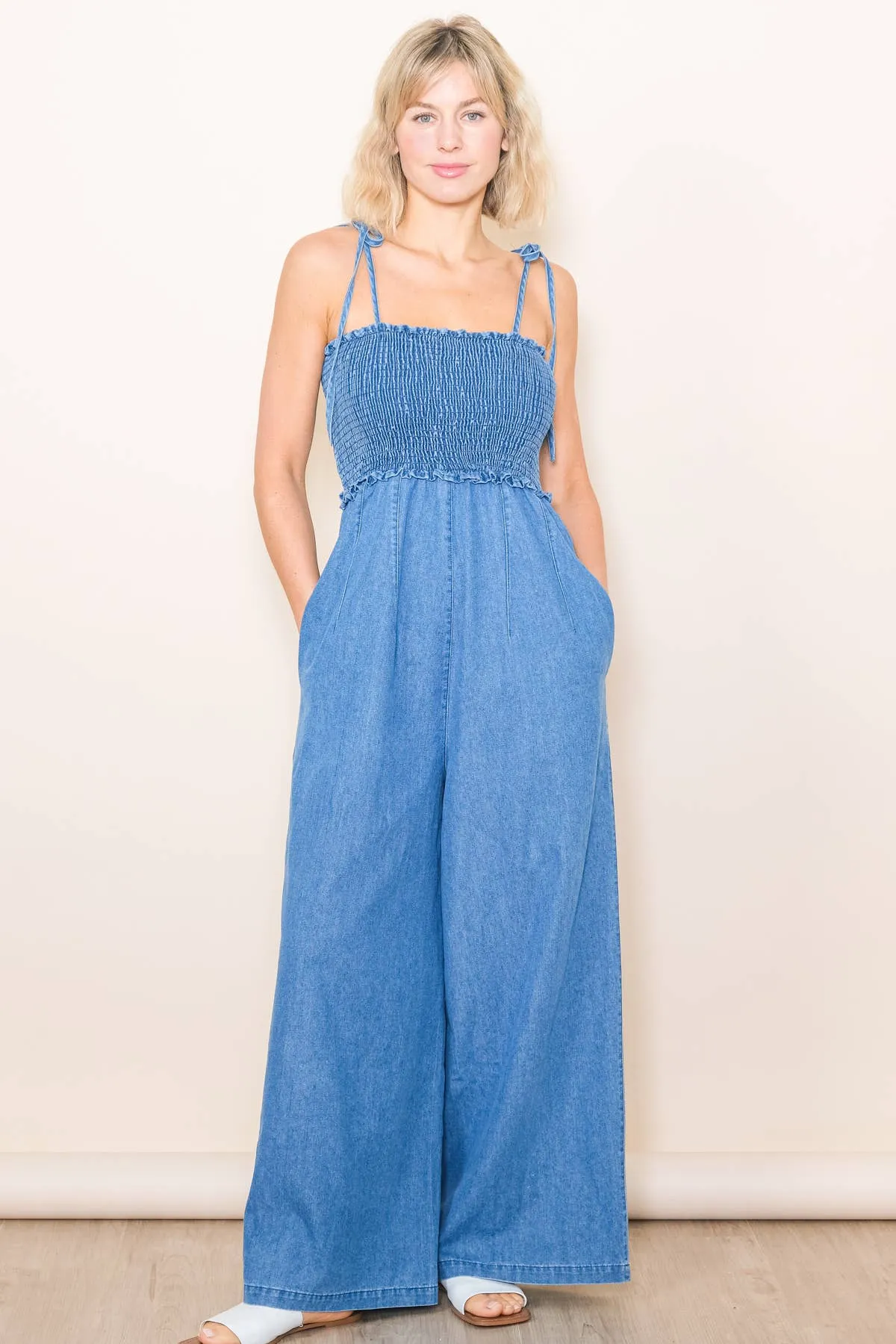 Smocked  Denim Jumpsuit