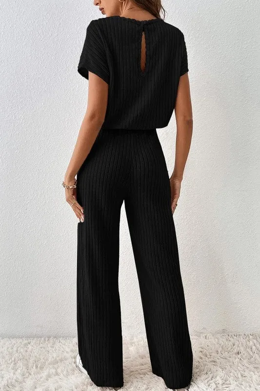 Solid Color Ribbed Short Sleeve Jumpsuit with Wide Legs - Versatile Women's Fashion