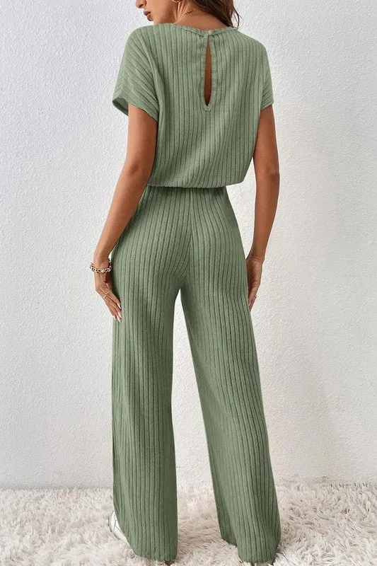 Solid Color Ribbed Short Sleeve Jumpsuit with Wide Legs - Versatile Women's Fashion