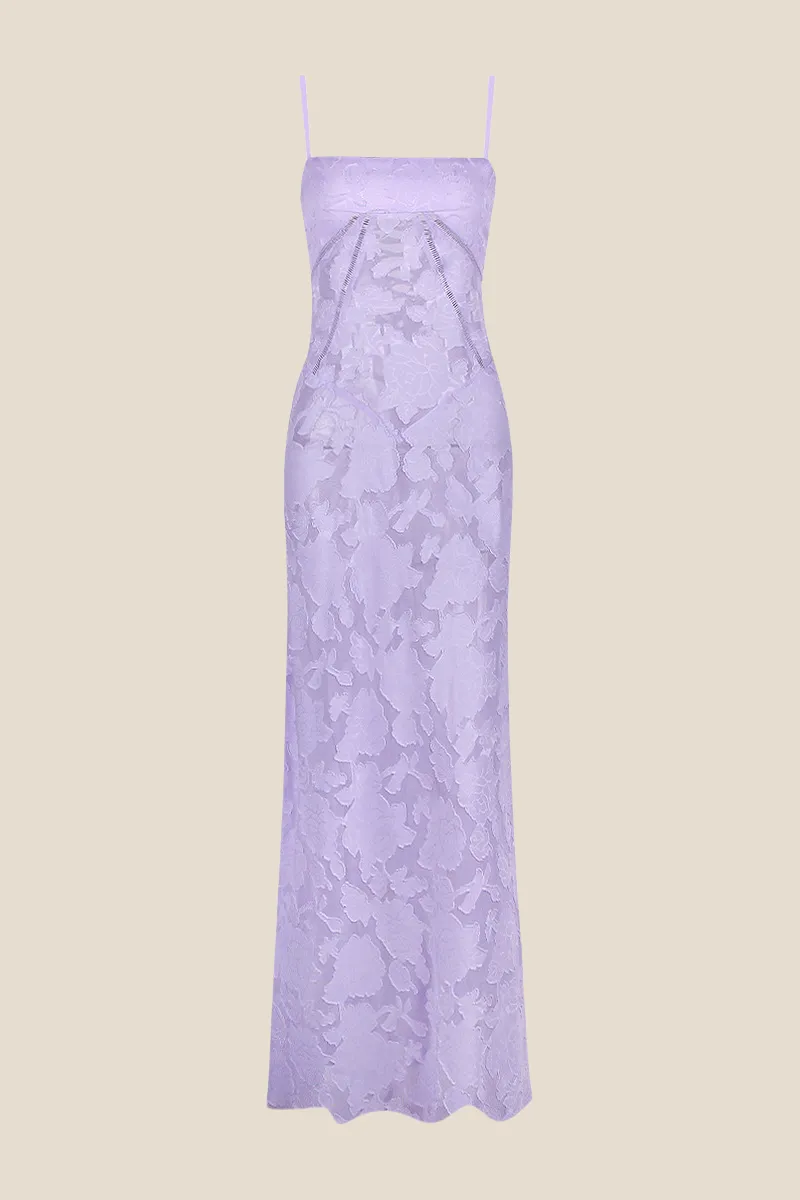 Spaghetti Straps Lavender Lace A-line Long Dress