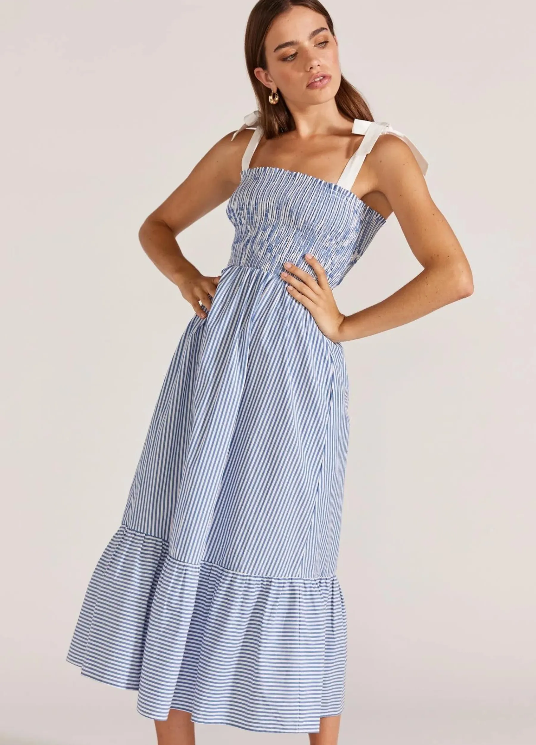 Staple the Label - Strappy Lucille Shirred Midi Dress - Blue Stripe