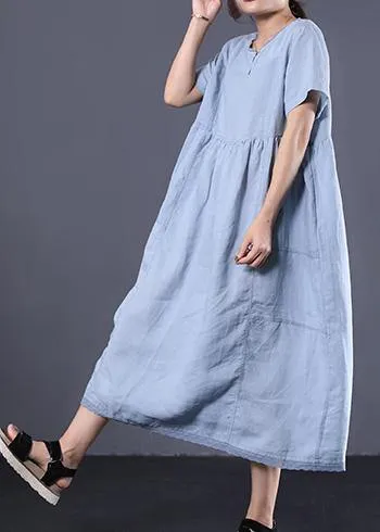 Style v neck linen clothes For Women Work Outfits light blue Dress summer