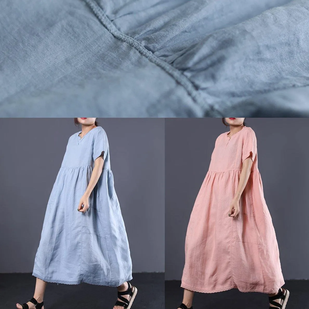 Style v neck linen clothes For Women Work Outfits light blue Dress summer