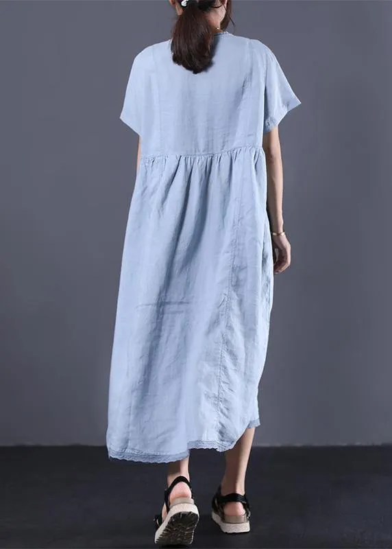 Style v neck linen clothes For Women Work Outfits light blue Dress summer