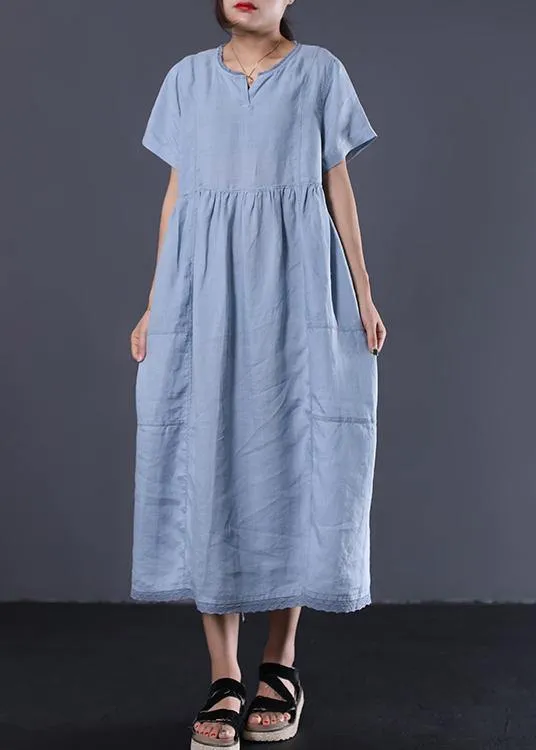 Style v neck linen clothes For Women Work Outfits light blue Dress summer