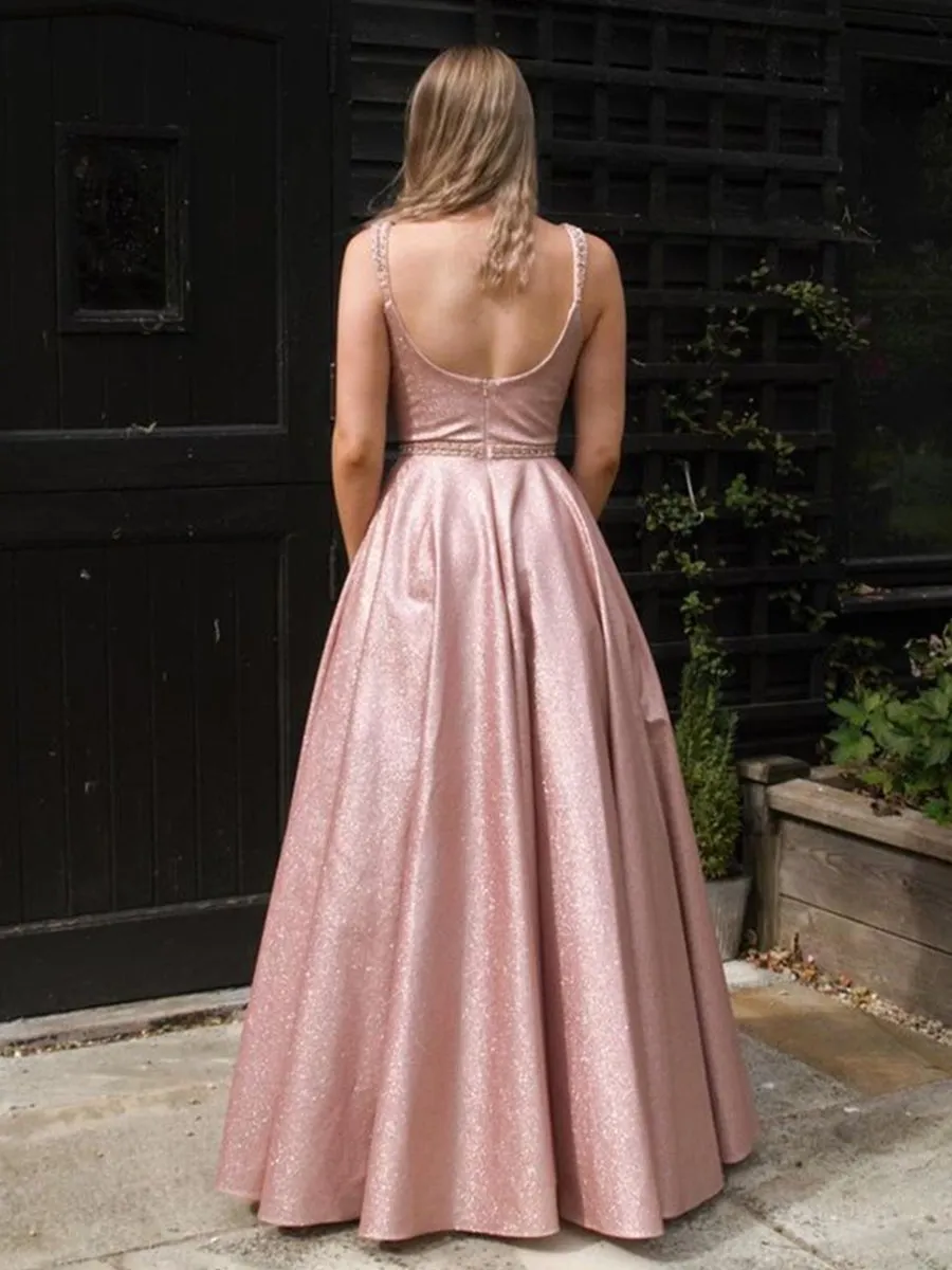 Stylish A Line Floor Length Pink Long Prom with Straps, Shiny Pink Formal Evening