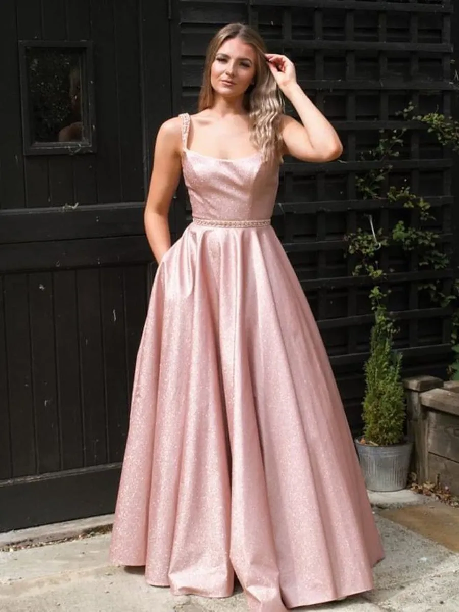 Stylish A Line Floor Length Pink Long Prom with Straps, Shiny Pink Formal Evening