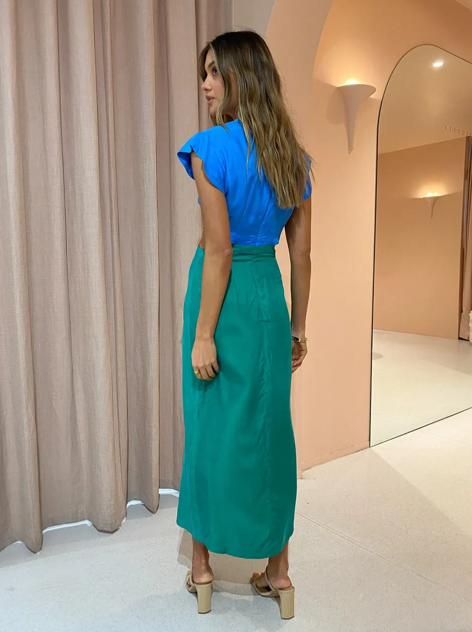 Suboo Grace Two Tone Ring Front Midi Dress in Blue Green