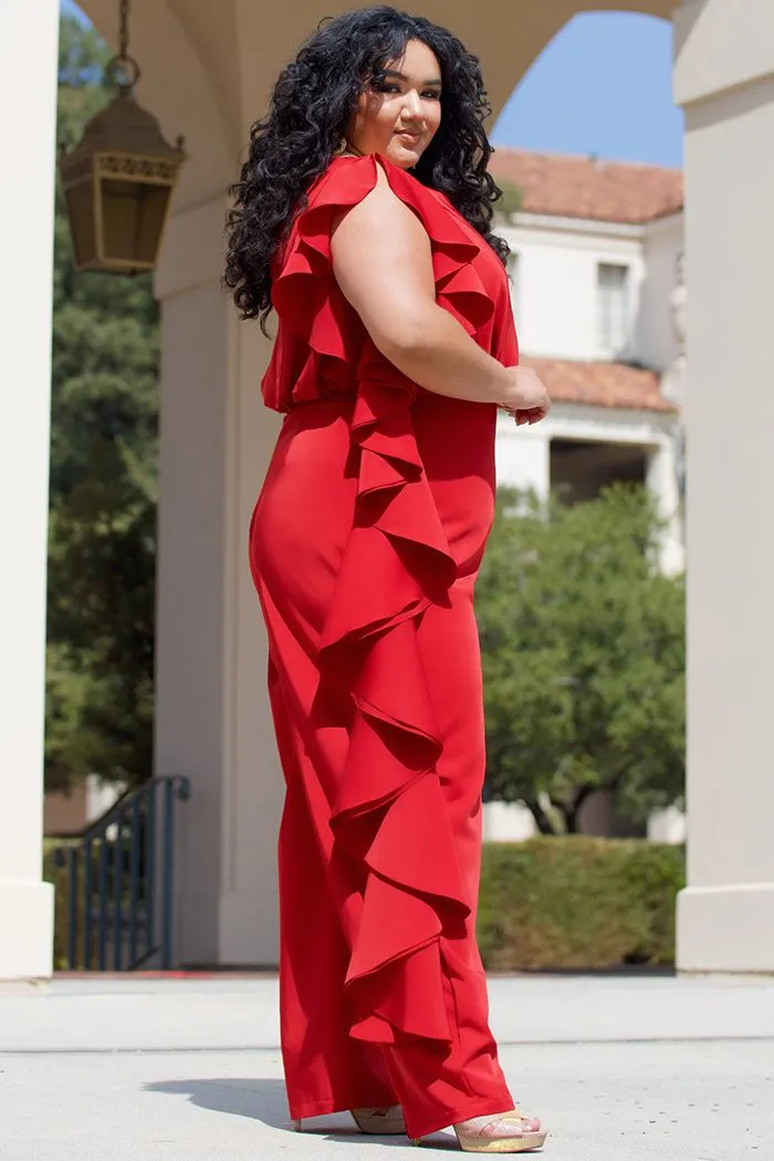 Sydney's Closet CE2014 Plus Sized Jumpsuit one shoulder ruffle pants suit CE 2014