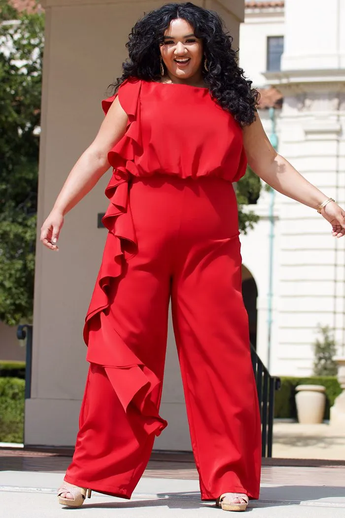 Sydney's Closet CE2014 Plus Sized Jumpsuit one shoulder ruffle pants suit CE 2014