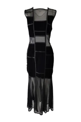 Tadashi Vintage Black Velvet & Sheer Mesh Evening Dress, 1990s