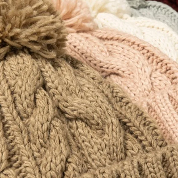 Taupe Solid Cable Knit Basic Pompom Beanie Women's Winter Hat