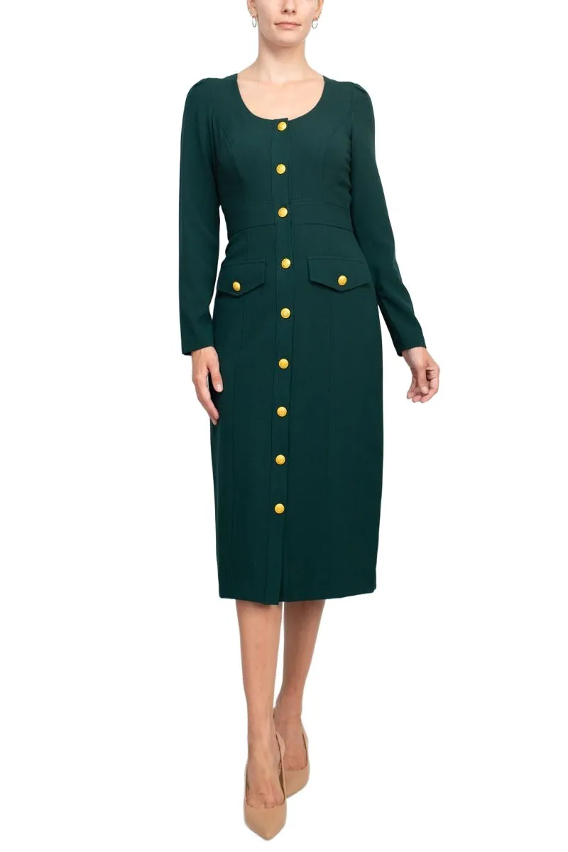 Taylor Scoop Neck Long Sleeve Banded Front Button Closure Solid Stretch Crepe Dress