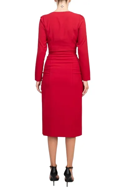 Taylor Scoop Neck Long Sleeve Banded Front Button Closure Solid Stretch Crepe Dress