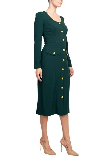 Taylor Scoop Neck Long Sleeve Banded Front Button Closure Solid Stretch Crepe Dress