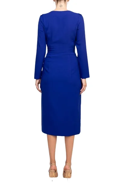 Taylor Scoop Neck Long Sleeve Banded Front Button Closure Solid Stretch Crepe Dress