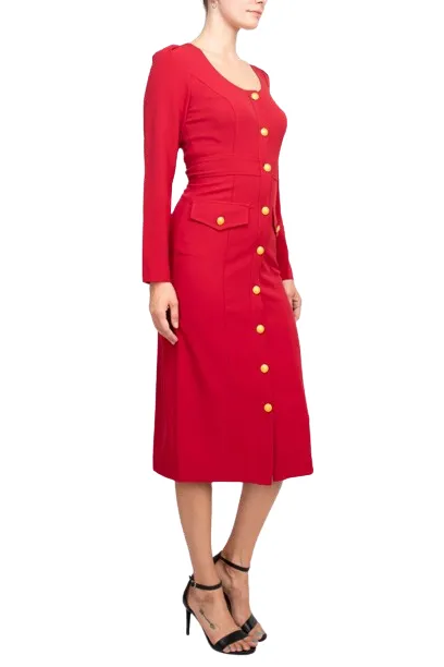 Taylor Scoop Neck Long Sleeve Banded Front Button Closure Solid Stretch Crepe Dress