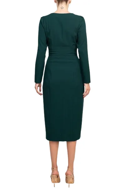 Taylor Scoop Neck Long Sleeve Banded Front Button Closure Solid Stretch Crepe Dress