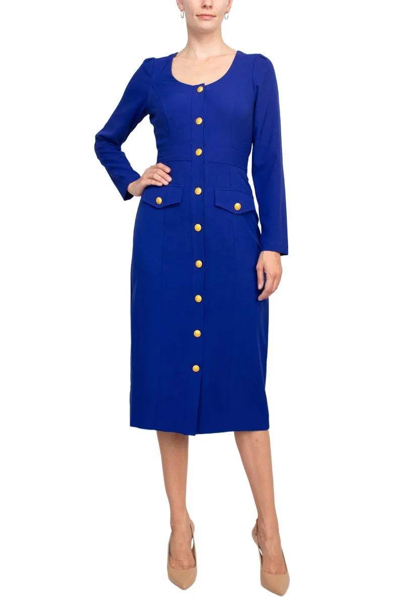 Taylor Scoop Neck Long Sleeve Banded Front Button Closure Solid Stretch Crepe Dress