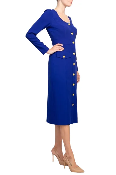 Taylor Scoop Neck Long Sleeve Banded Front Button Closure Solid Stretch Crepe Dress