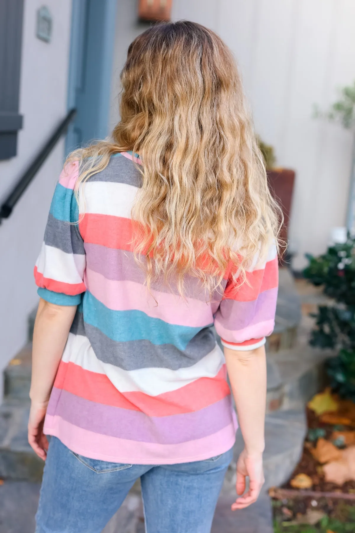 Teal & Rose Striped Hacci Knit Puff Sleeve Top