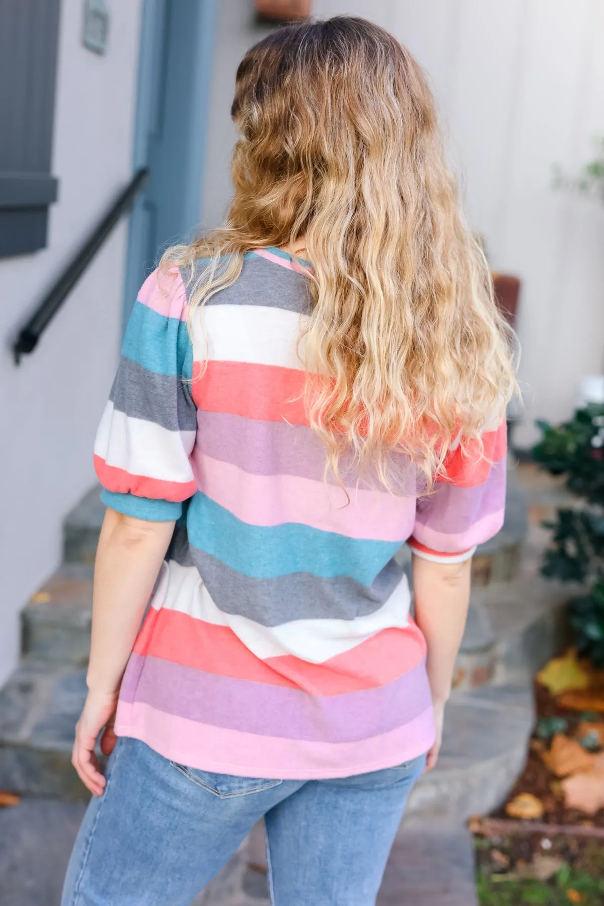 Teal & Rose Striped Hacci Knit Puff Sleeve Top