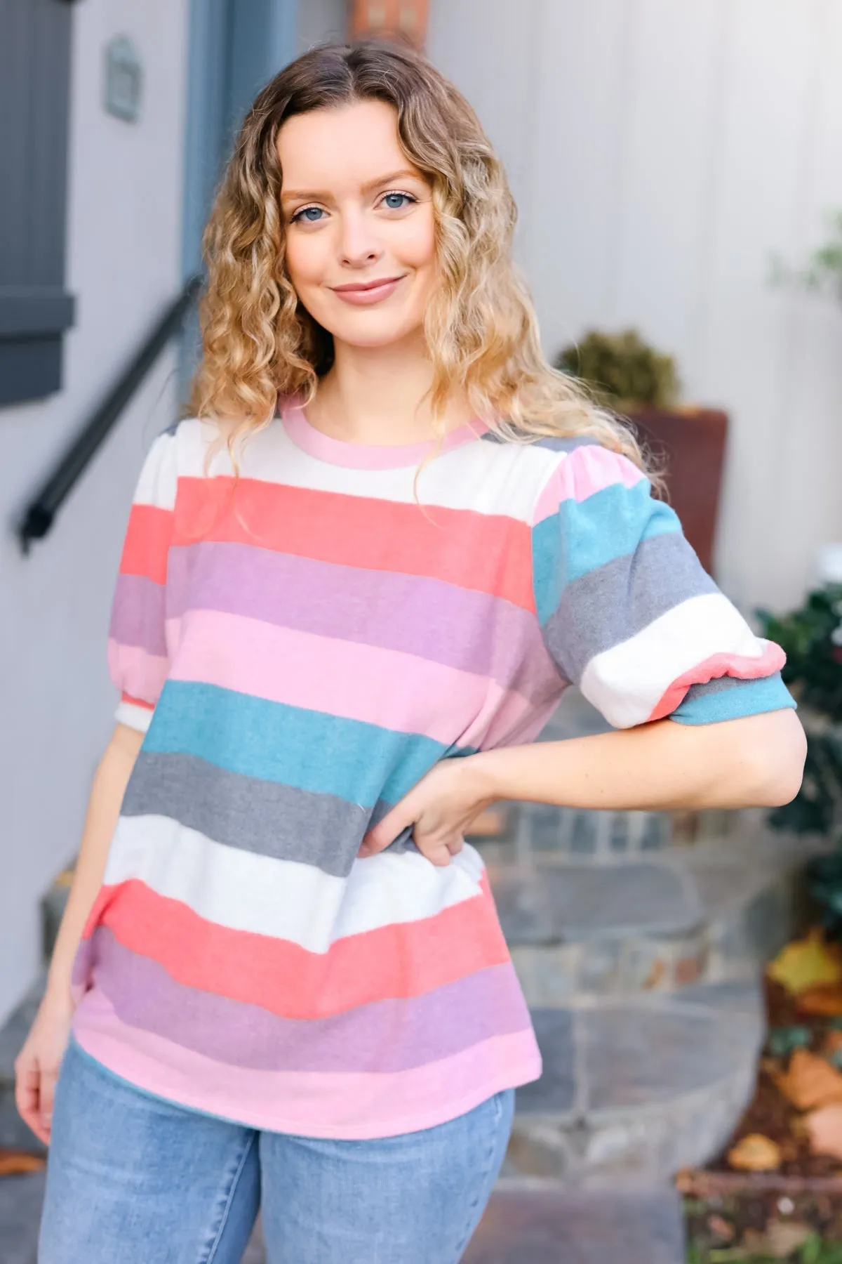 Teal & Rose Striped Hacci Knit Puff Sleeve Top