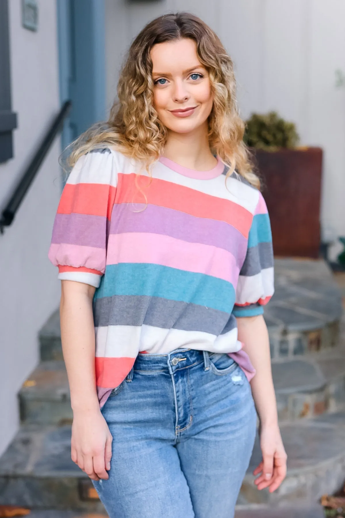 Teal & Rose Striped Hacci Knit Puff Sleeve Top