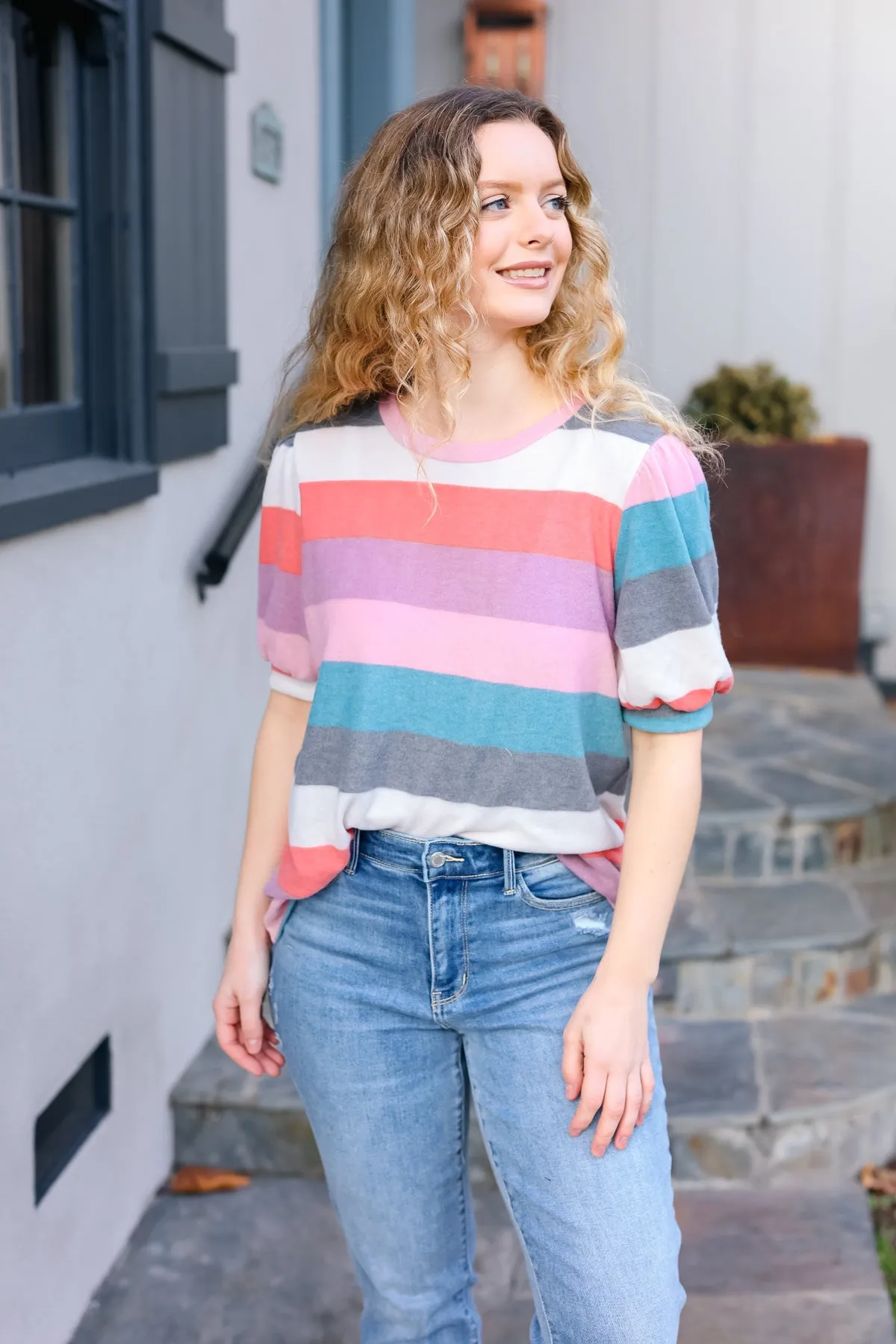 Teal & Rose Striped Hacci Knit Puff Sleeve Top