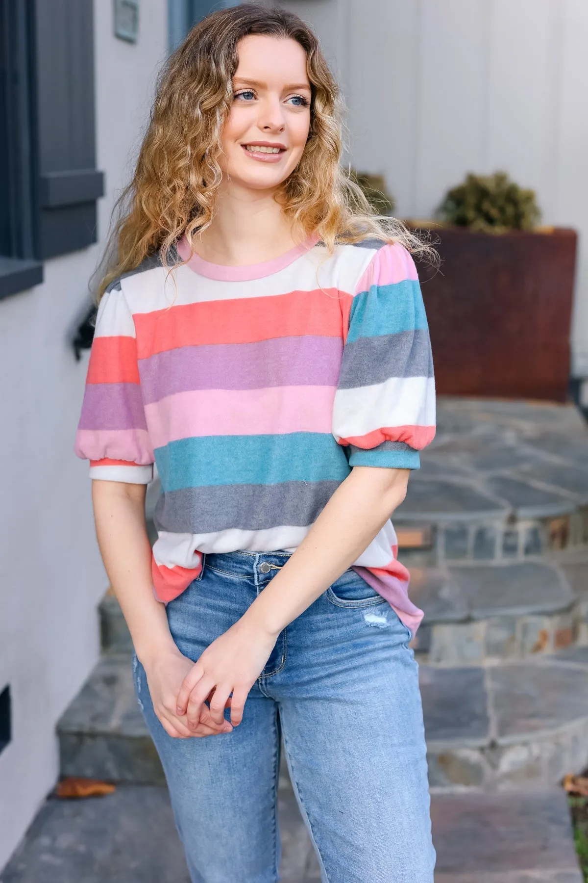 Teal & Rose Striped Hacci Knit Puff Sleeve Top