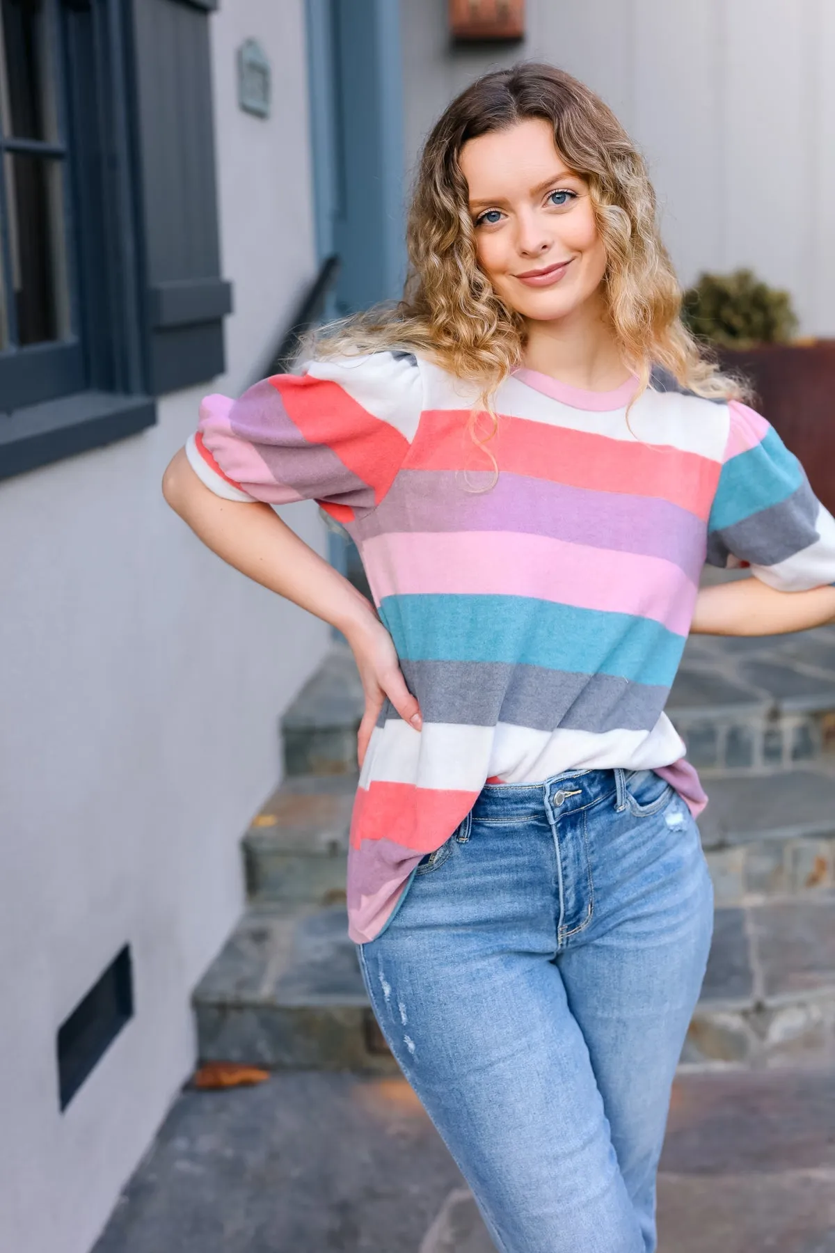 Teal & Rose Striped Hacci Knit Puff Sleeve Top