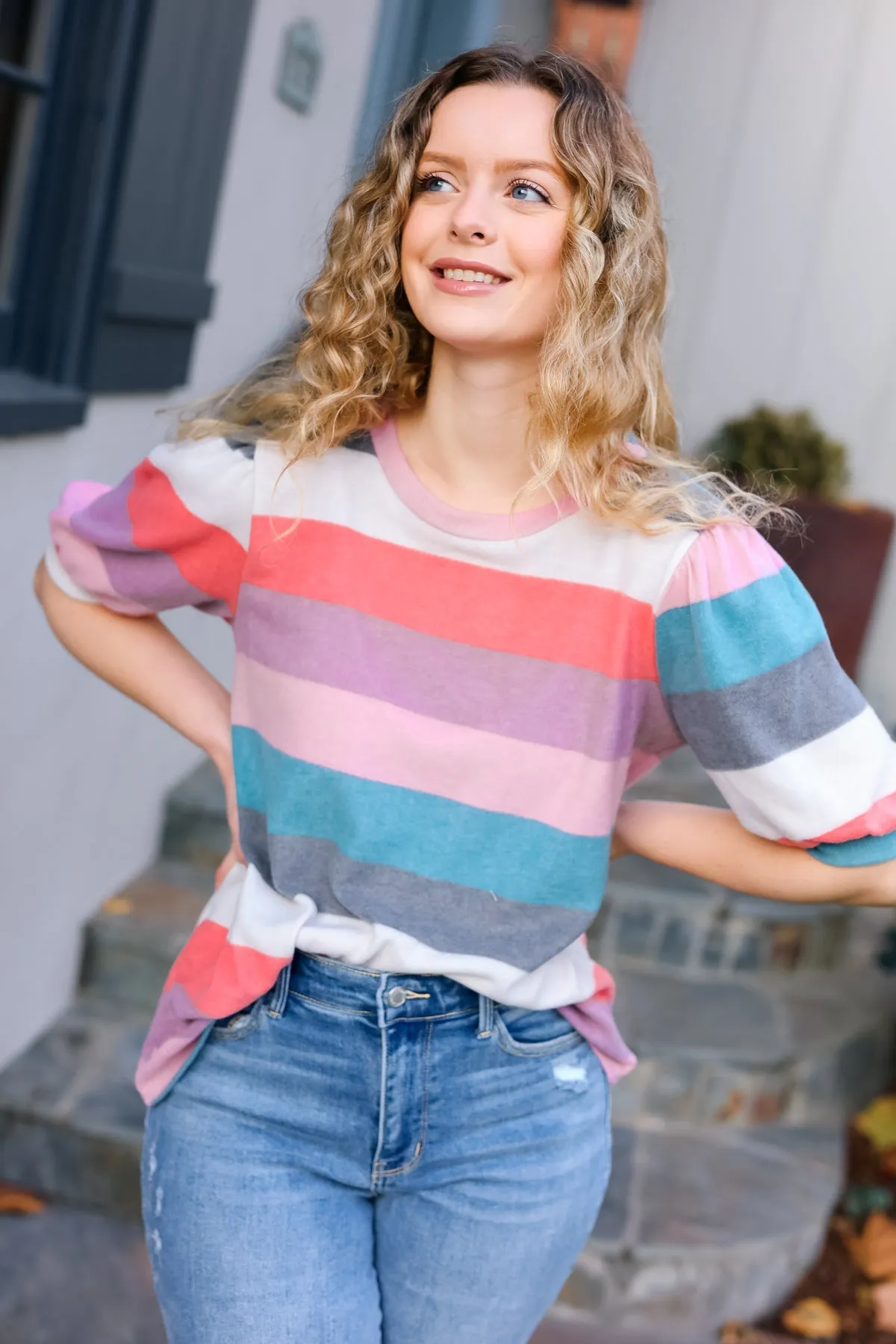 Teal & Rose Striped Hacci Knit Puff Sleeve Top