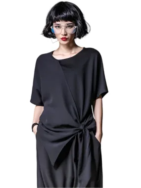 TEEK - Black Asymmetric Pleated Knit Shirt