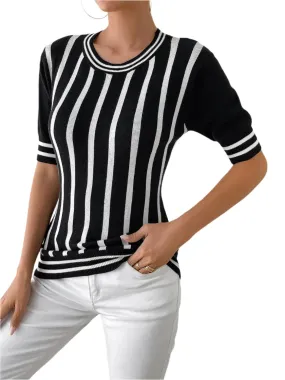 TEEK - Black Striped Half Sleeve Knit Top