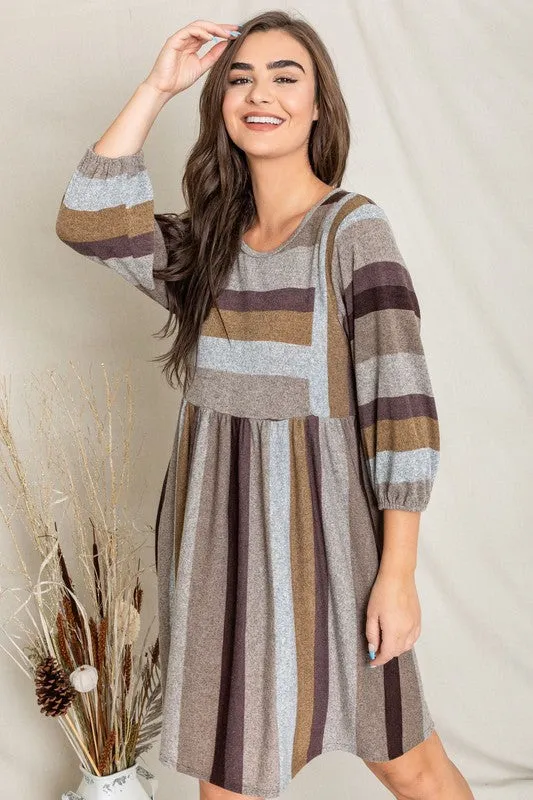 TEEK - Plus Size Mix Stripe Balloon Sleeve Dress