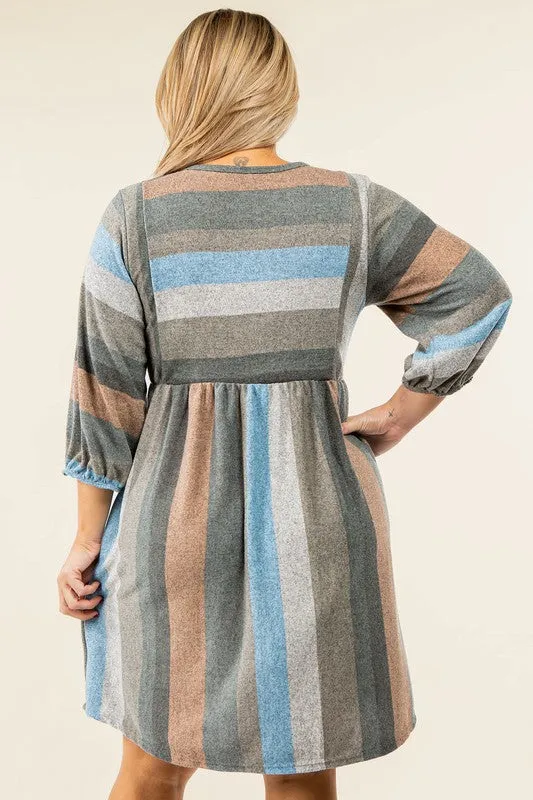 TEEK - Plus Size Mix Stripe Balloon Sleeve Dress