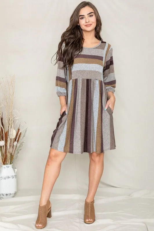 TEEK - Plus Size Mix Stripe Balloon Sleeve Dress