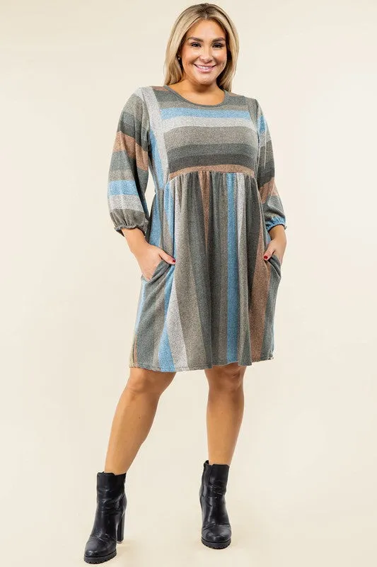 TEEK - Plus Size Mix Stripe Balloon Sleeve Dress