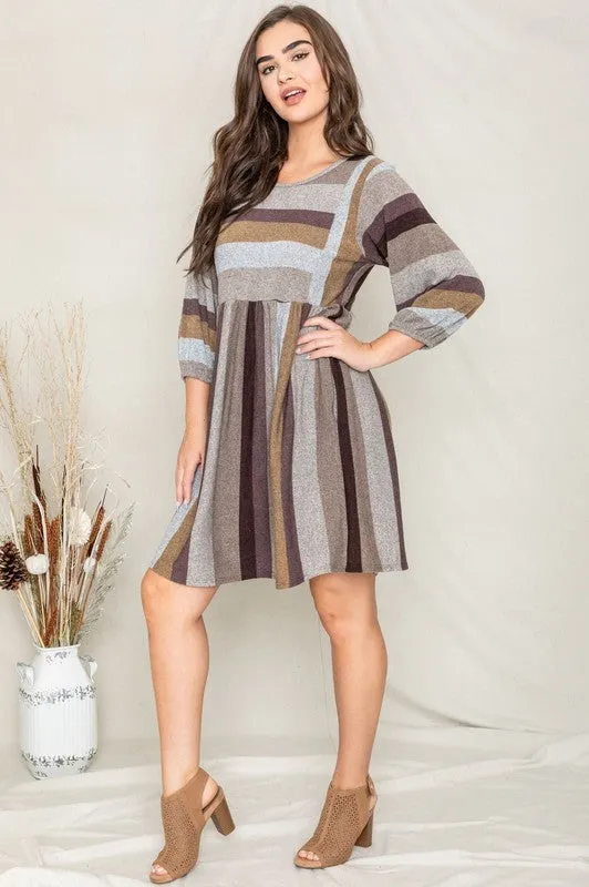 TEEK - Plus Size Mix Stripe Balloon Sleeve Dress