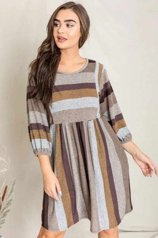 TEEK - Plus Size Mix Stripe Balloon Sleeve Dress