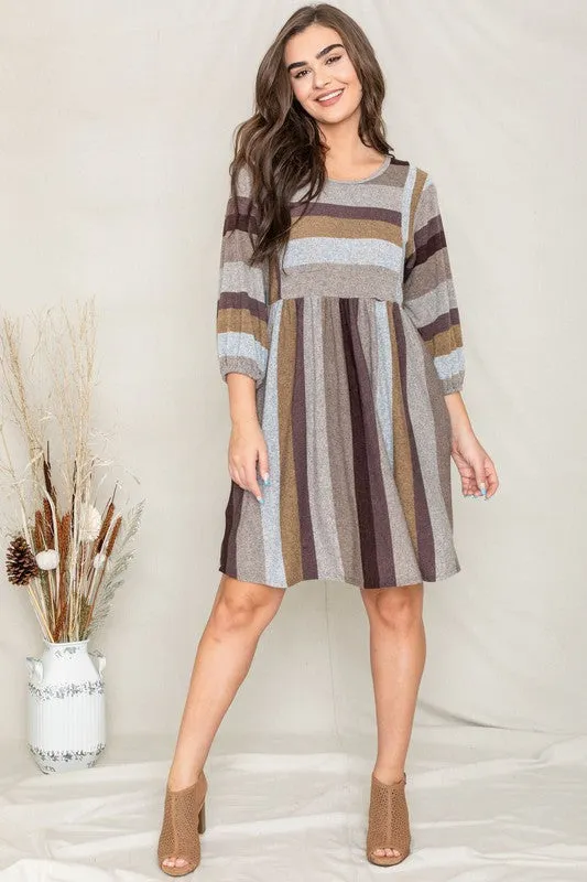 TEEK - Plus Size Mix Stripe Balloon Sleeve Dress