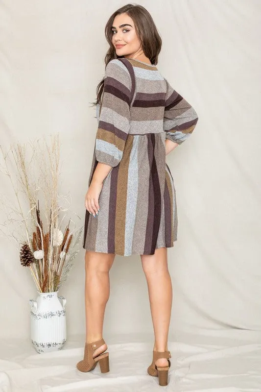 TEEK - Plus Size Mix Stripe Balloon Sleeve Dress